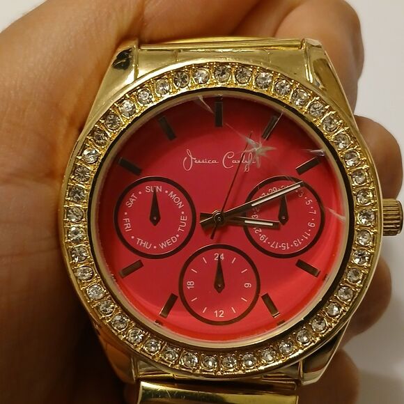 Jessica Carlyle Gold Tone Stretch Band Pink Face Rhinestone Bezel Quartz Watch - Picture 3 of 15